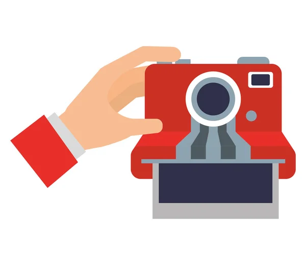 Mão com câmera foto instantânea ícone isolado — Vetor de Stock