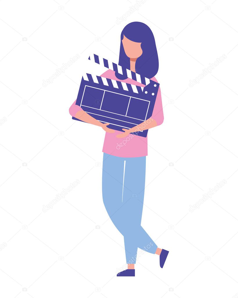 woman holding clapperboard movie film