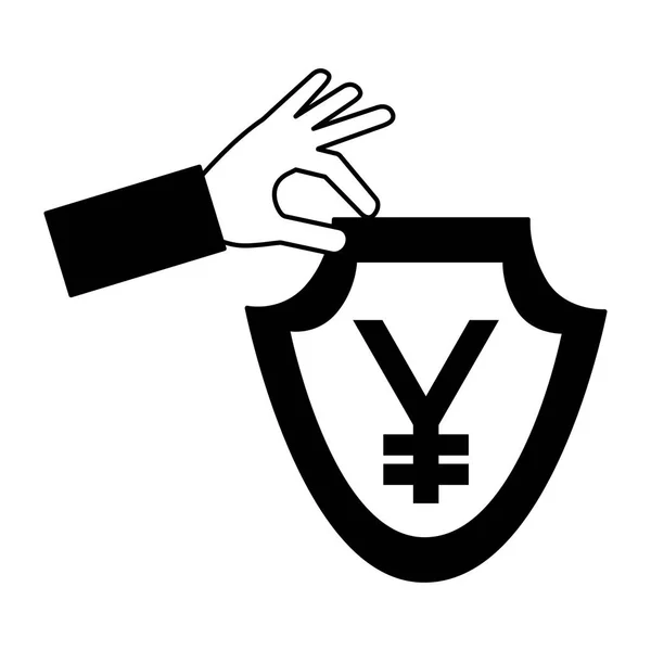 Mano con escudo y símbolo de yen icono aislado — Vector de stock