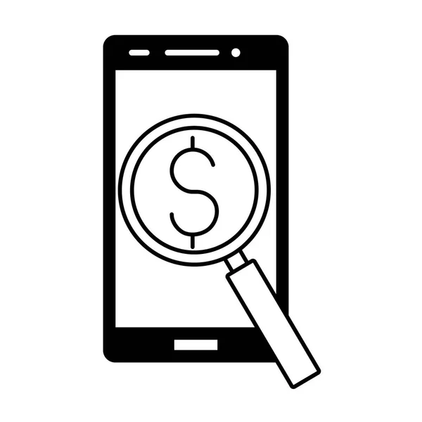 Smartphone lupa símbolo del dólar — Vector de stock