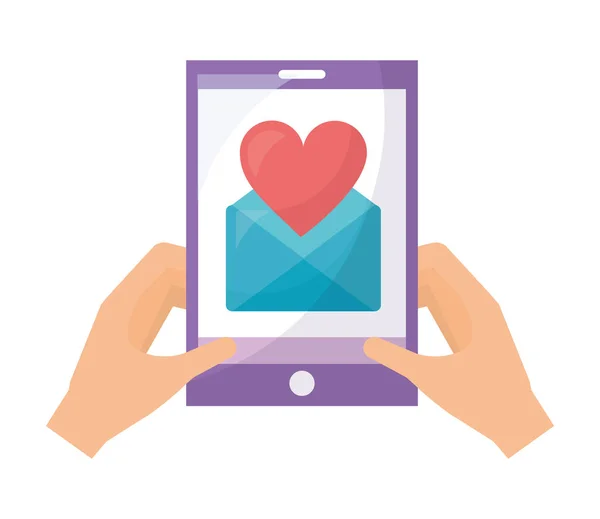 Hands with smartphone message love romantic — Stock Vector