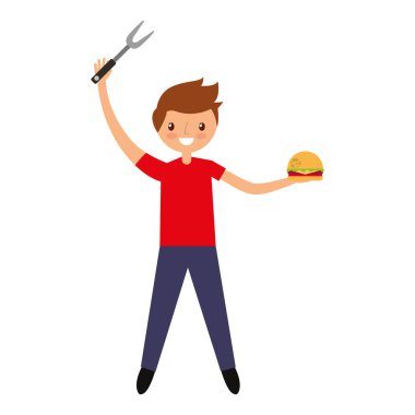 Hamburger ve çatallı genç adam.