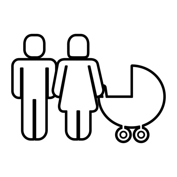 Silhouette de couple avec icône de silhouette de chariot bébé — Image vectorielle