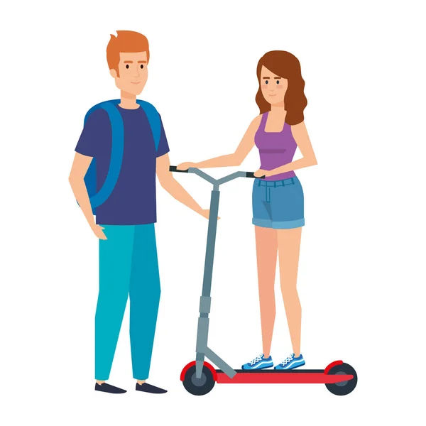 Young couple in folding scooter — Stock Vector