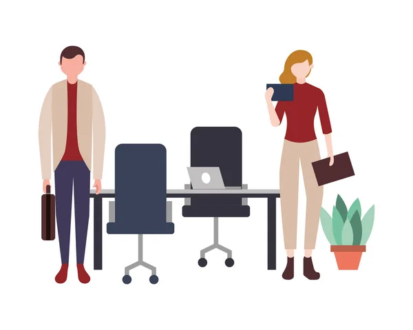 Hombre de negocios y mujer trabajo en equipo oficina lugar de trabajo — Vector de stock