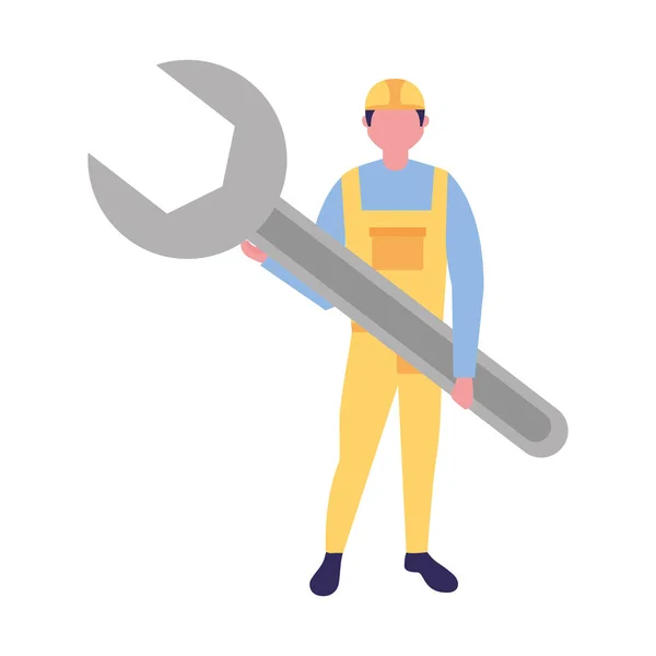 Constructor hombre sosteniendo herramienta de la llave — Vector de stock