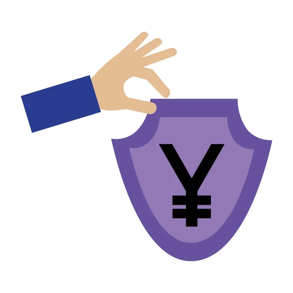 Mano con scudo e simbolo yen icona isolata — Vettoriale Stock