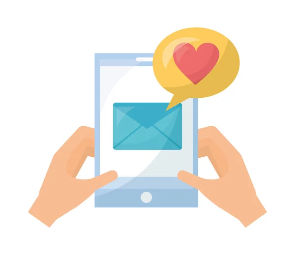 Hands with smartphone email message love — Stock Vector