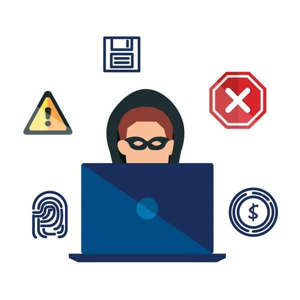 Hacker usando el ordenador portátil con iconos de seguridad — Vector de stock