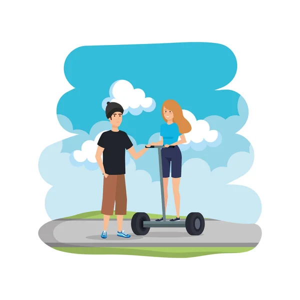 Молодая пара в складной е-скутер на дороге — стоковый вектор