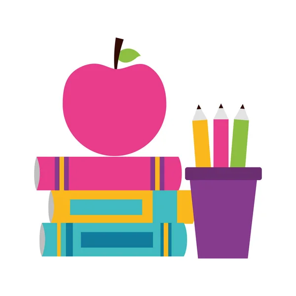 Libros lápices de manzana útiles escolares — Vector de stock