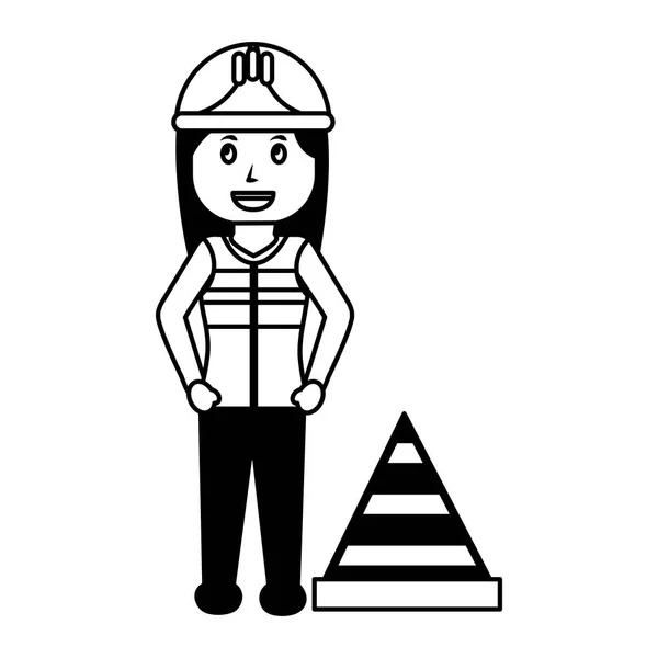 Mujer constructor empleado con cono de tráfico — Vector de stock