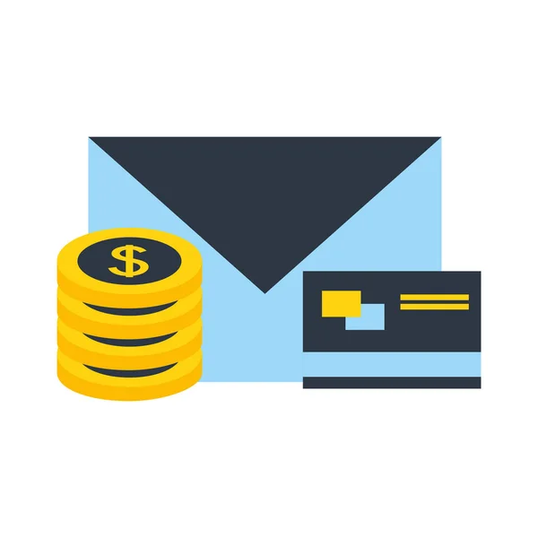 Carta di credito e-mail dollaro monete soldi fintech — Vettoriale Stock