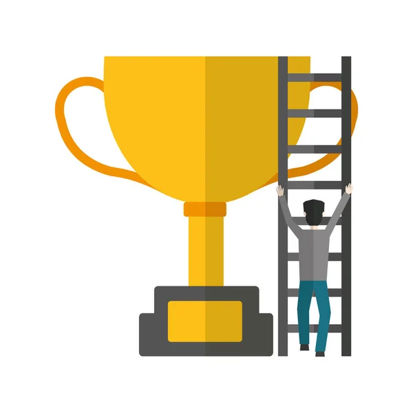 businessman climbs stairs big trophy award