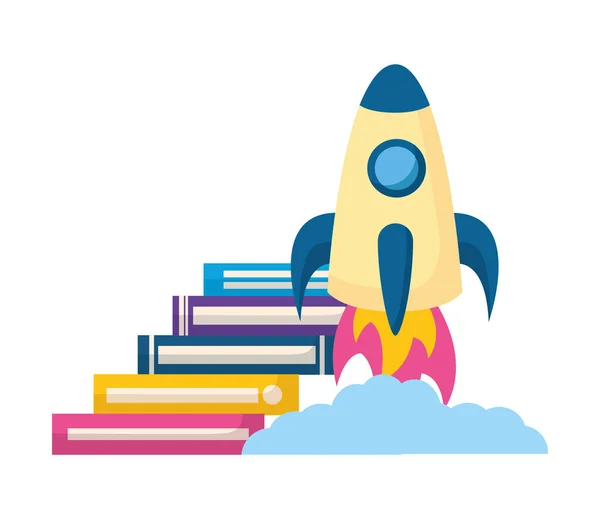 Stack of books with rocket isolated icon — Stock Vector