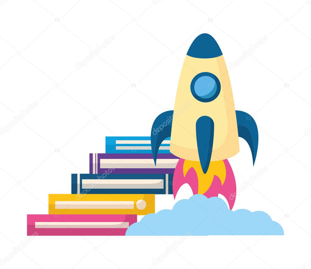 stack of books with rocket isolated icon