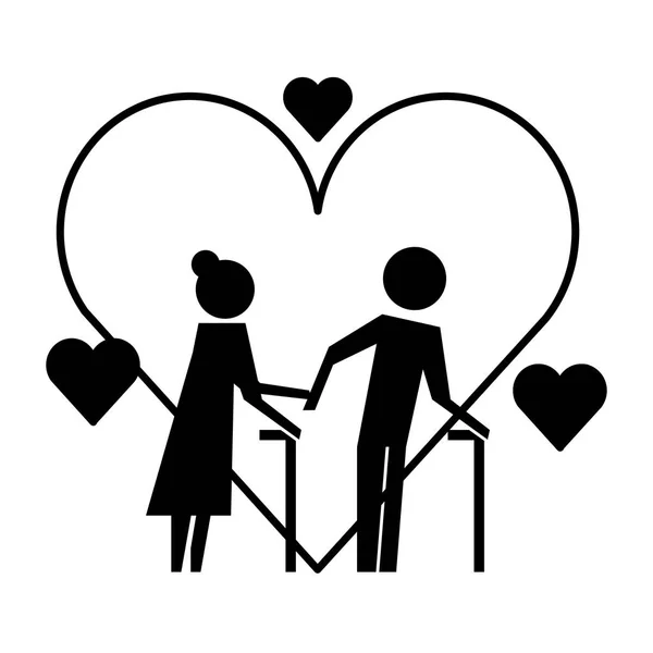 Abuelos pareja con corazones siluetas — Vector de stock