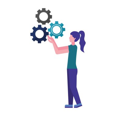 Dişli makinesi olan genç kadın simgeyi izole etti