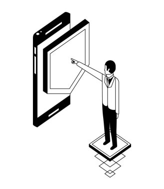 akıllı telefon ve kalkan isometrik simgesi ile işadamı