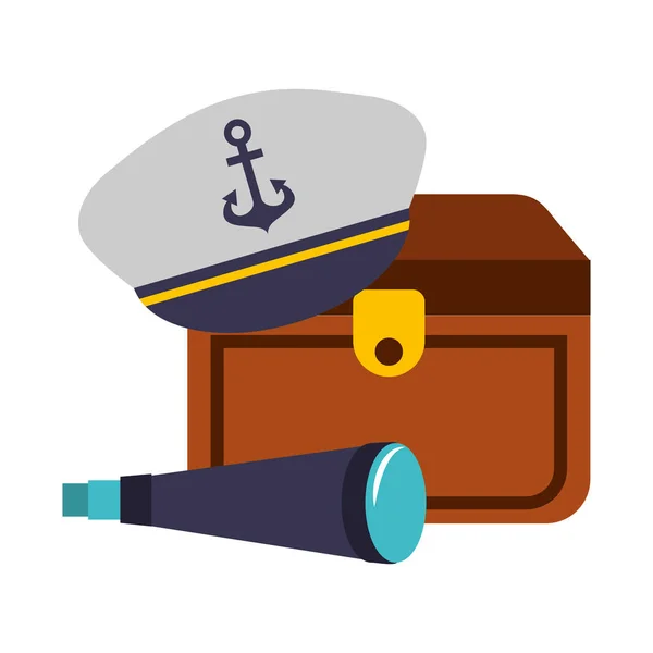 Cappello scrigno tesoro e cannocchiale marino — Vettoriale Stock