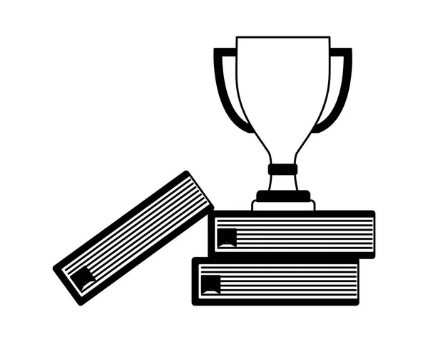 Trophy award cup in pile books isolated icon — Stock Vector