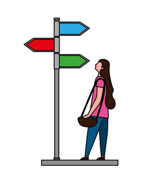 Woman looking direction arrow location — 스톡 벡터