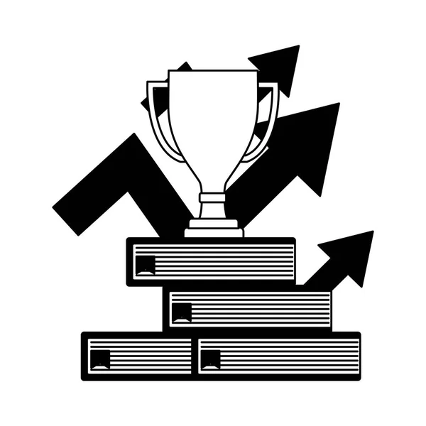 Piala piala penghargaan dalam buku-buku tumpukan dengan panah up - Stok Vektor