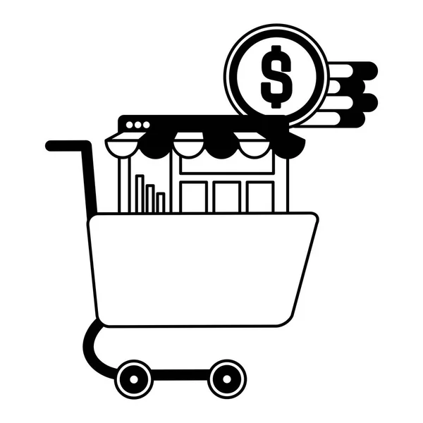 Carrito de compras con monedas icono aislado — Archivo Imágenes Vectoriales