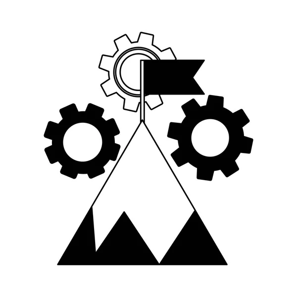 Montagne avec drapeau sur le dessus et machine à engrenages — Image vectorielle