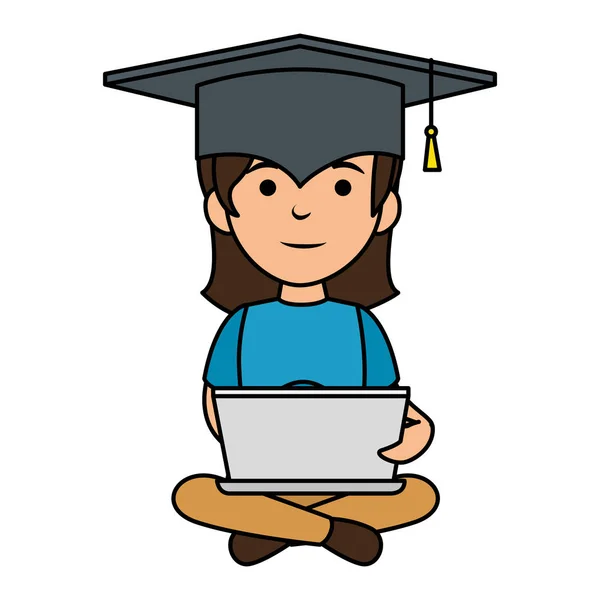 Liten skolflicka med laptop och hatt examen — Stock vektor