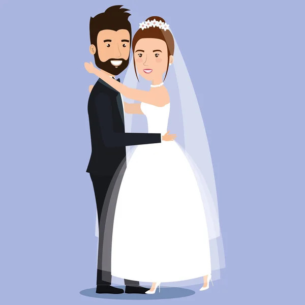 Χαριτωμένο νεαρό ζευγάρι αγκαλιάζει τρυφερά μαζί ποζάρει την ημέρα του γάμου τους — Διανυσματικό Αρχείο