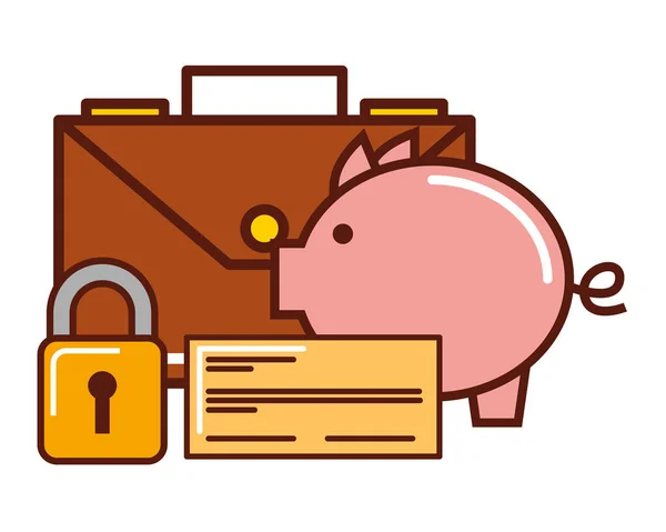 Business piggy bank check briefcase security — Stock Vector