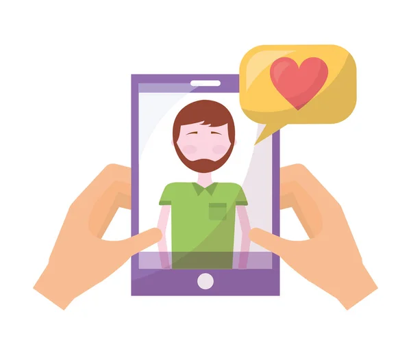 Handen met smartphone man Talk Bubble Love hart — Stockvector