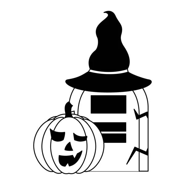 Halloween pompoen met hoed heks en graftombe — Stockvector