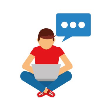 dizüstü bilgisayar ve konuşma balonu ile genç adam