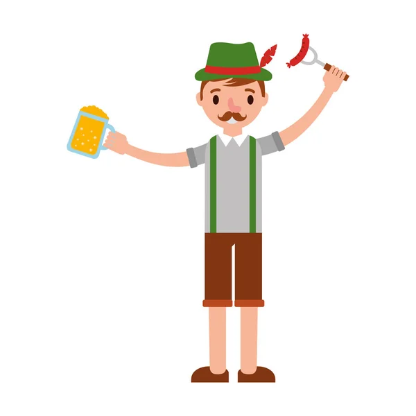 Hombre alemán con cerveza y salchicha — Vector de stock