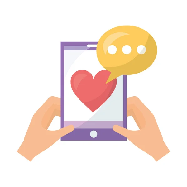 Hands with smartphone love heart speech bubble — Stock Vector