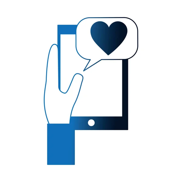 Mão usando smartphone com coração e bolha de fala — Vetor de Stock