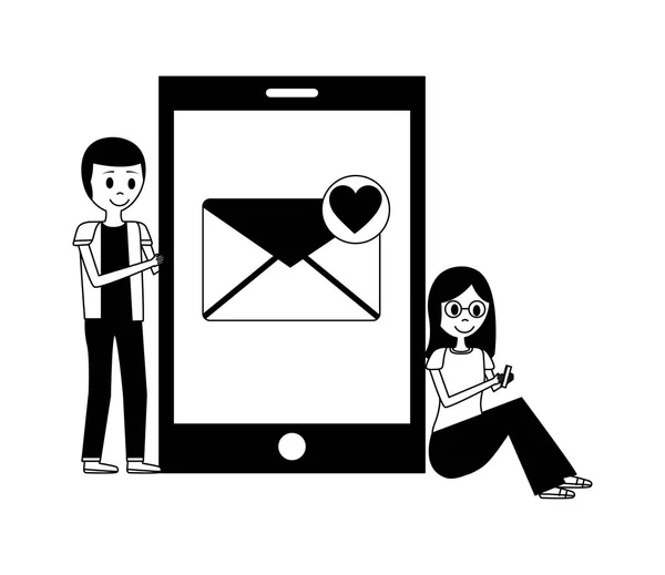 Junge Männer und Frauen mit Smartphone-E-Mail-Liebe — Stockvektor
