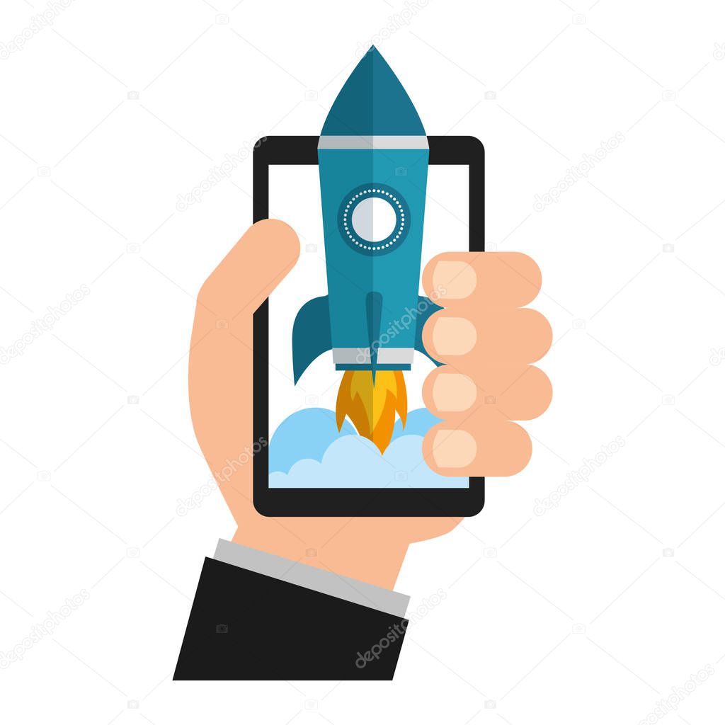 hand and smartphone with startup rocket