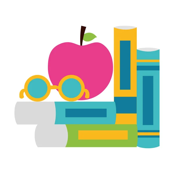 Libros manzana y anteojos útiles escolares — Archivo Imágenes Vectoriales
