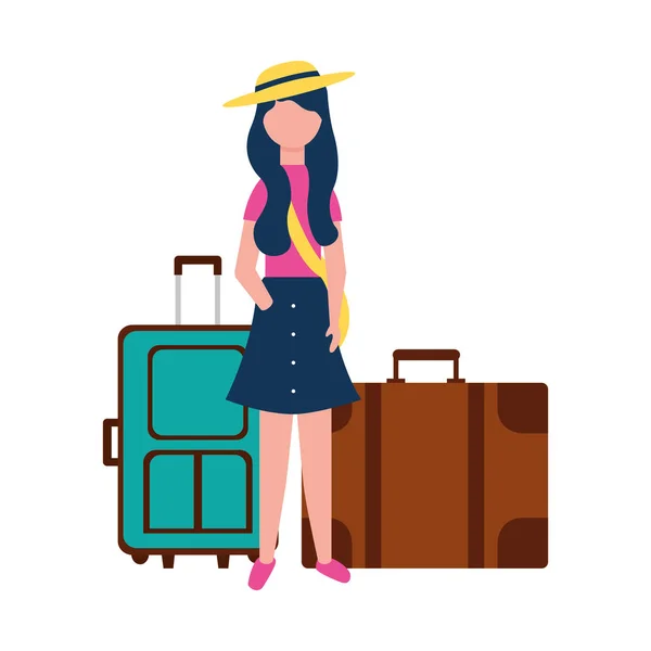 Jonge vrouw met twee koffers reizen — Stockvector
