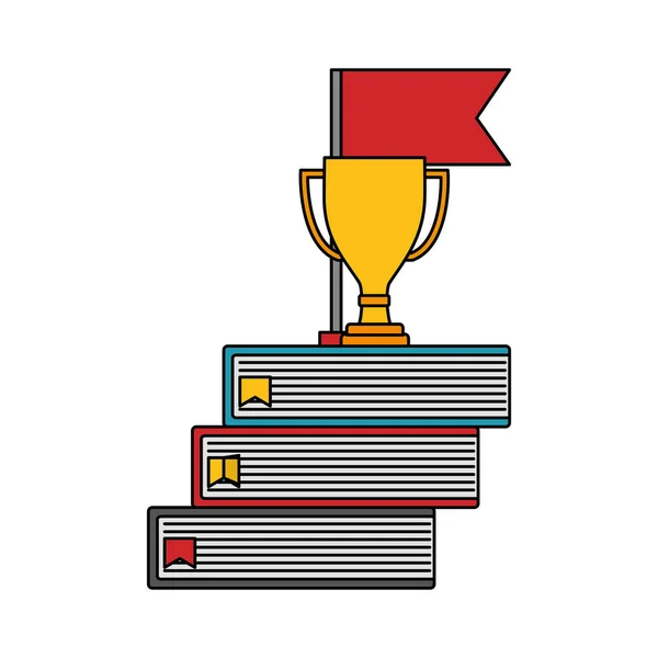 Trophy award cup with flag in pile books — Stock Vector