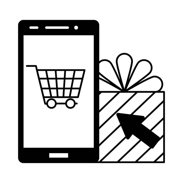 Smartphone compras en línea caja de regalo mercado — Archivo Imágenes Vectoriales