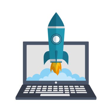 başlangıç roket izole simgesi ile dizüstü bilgisayar