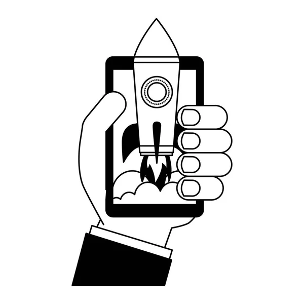 Mano y smartphone con cohete de arranque — Vector de stock