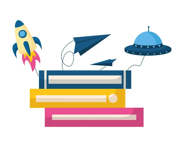 Stack of books with rocket isolated icon — Stock Vector