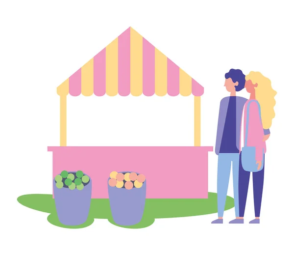 Pareja abrazando parque cabina cubos de flores — Vector de stock