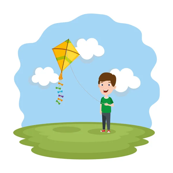 Little boy flying kite in the field — Stock Vector