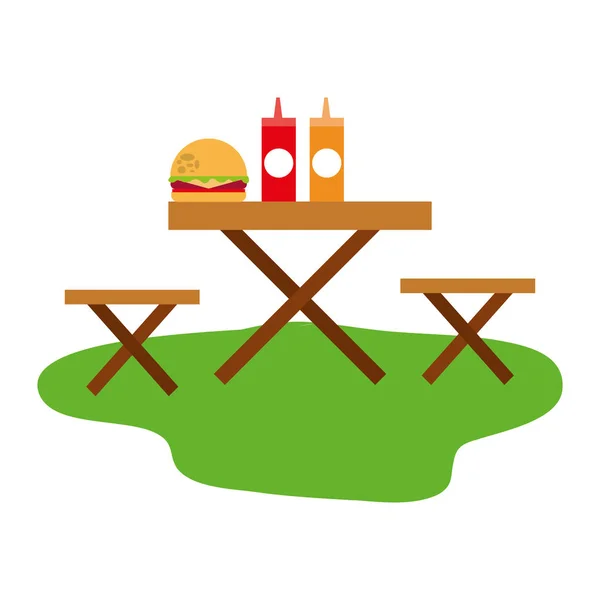 Chaises de pique-nique avec hamburger et bouteille de sauces — Image vectorielle